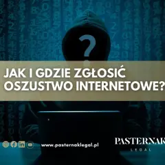 Sylwetka hakera z pytajnikiem na twarzy, na tle kodu. Tekst: "Jak i gdzie zgłosić oszustwo internetowe?".