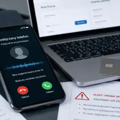 Telefon z powiadomieniem o podejrzanym połączeniu, które może być próbą oszustwa. Obok leży karta płatnicza i dokumenty, sugerujące kontekst bankowy, np. przychodzące PKO BP.