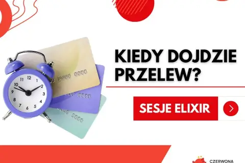 Budzik i karty płatnicze obok napisu "Kiedy dojdzie przelew?". Kliknij "Sesje Elixir", by dowiedzieć się więcej o sesjach przelewów.