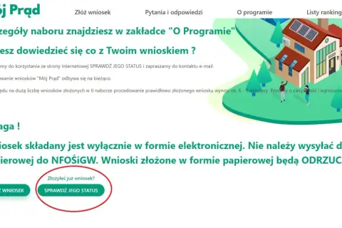 Ilustracja przedstawia dom z panelami słonecznymi, symbolizujący program "Mój Prąd". Obok znajdują się przyciski do składania i sprawdzania wniosków.