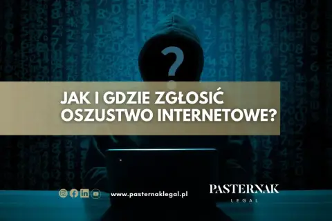 Sylwetka hakera z pytajnikiem na twarzy, na tle kodu. Tekst: "Jak i gdzie zgłosić oszustwo internetowe?".
