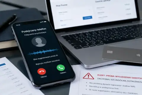 Telefon z powiadomieniem o podejrzanym połączeniu, które może być próbą oszustwa. Obok leży karta płatnicza i dokumenty, sugerujące kontekst bankowy, np. przychodzące PKO BP.