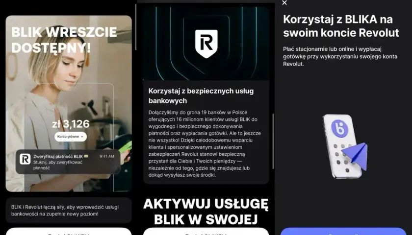 Trzy ekrany aplikacji mobilnej: pierwszy z informacją o dostępności BLIK i saldem 3126 zł, drugi z logo Revolut i opisem bezpiecznych usług bankowych, trzeci z ikoną telefonu i tekstem "Korzystaj z BLIKA na swoim koncie Revolut".