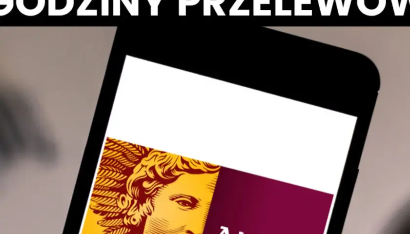 Telefon z aplikacją Alior Bank, na ekranie widoczny fragment logo i tekst "GODZINY PRZELEWÓW".