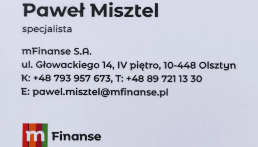 Wizytówka Pawła Misztela, specjalisty mFinanse S.A. w Olsztynie.