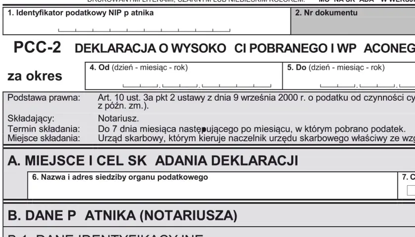 Formularz PCC-2 do rozliczenia podatku od kupna mieszkania. Wypełnia notariusz.