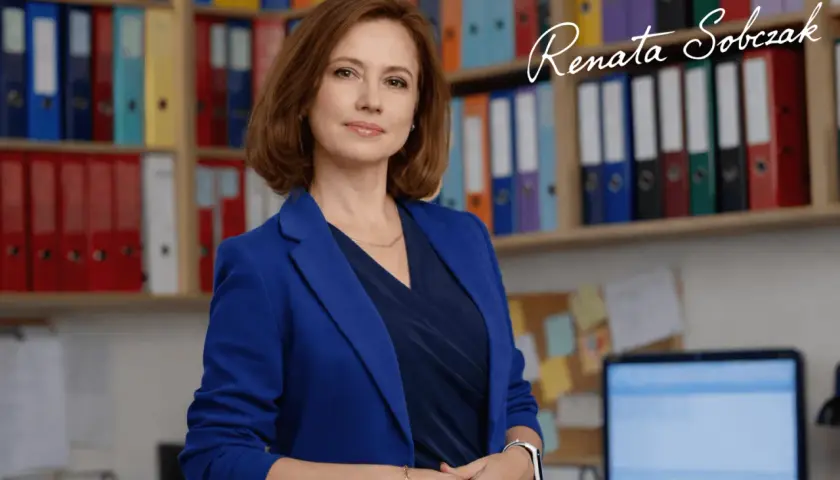 Kobieta w niebieskiej marynarce stoi przed regałami z kolorowymi segregatorami.
