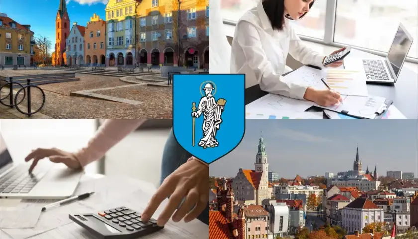 Kolaż: Rynek w Olsztynie, kobieta z kalkulatorem i laptopem, herb miasta, panorama Olsztyna.