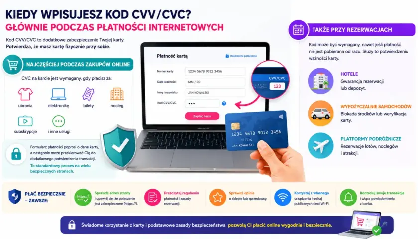 Karta z kodem CVV/CVC jest kluczowa do bezpiecznych płatności online, np. za ubrania, elektronikę, bilety, noclegi, subskrypcje i rezerwacje.