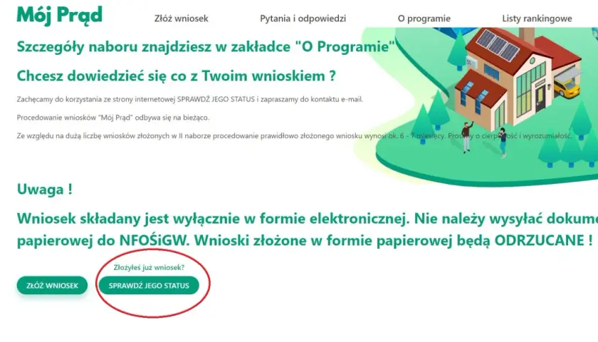 Ilustracja przedstawia dom z panelami słonecznymi, symbolizujący program "Mój Prąd". Obok znajdują się przyciski do składania i sprawdzania wniosków.