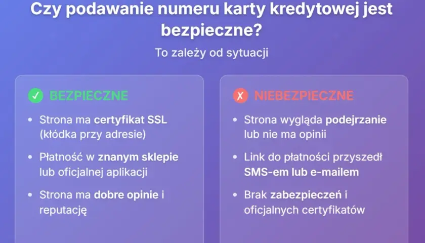 Bezpieczne podawanie numeru karty kredytowej zależy od sytuacji. Sprawdź certyfikat SSL i opinie o sklepie.