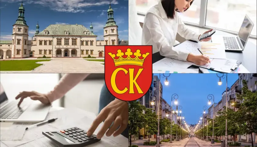 Kielce: Pałac Biskupów Krakowskich, kobiety pracujące z kalkulatorem i laptopem, herb miasta, ulica Sienkiewicza.