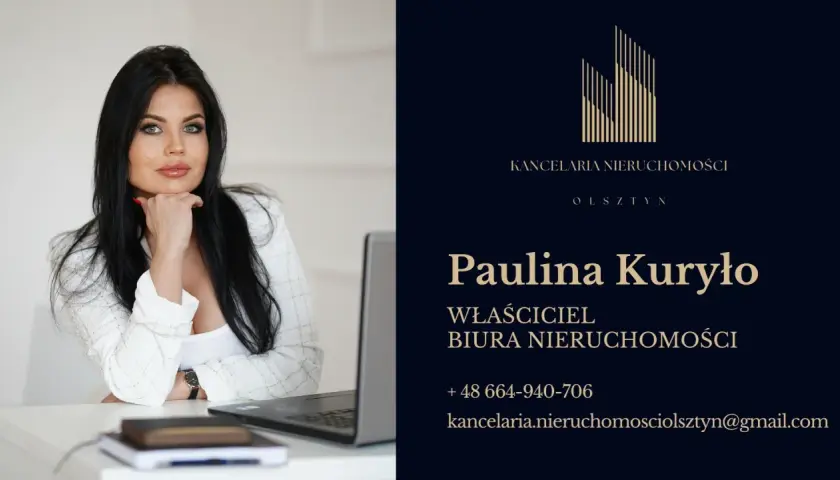 Portret kobiety w białej marynarce, obok logo i danych kontaktowych biura nieruchomości.