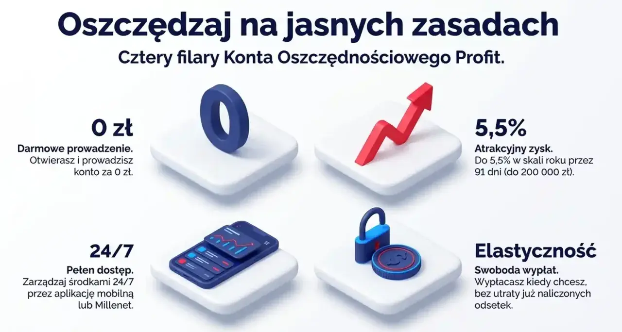 Konto Oszczędnościowe Profit: 0 zł za prowadzenie, 5,5% zysku, dostęp 24/7 i elastyczność wypłat. Oszczędzaj mądrze!