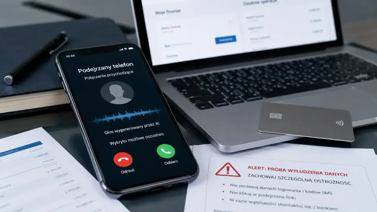 Telefon z powiadomieniem o podejrzanym połączeniu, które może być próbą oszustwa. Obok leży karta płatnicza i dokumenty, sugerujące kontekst bankowy, np. przychodzące PKO BP.