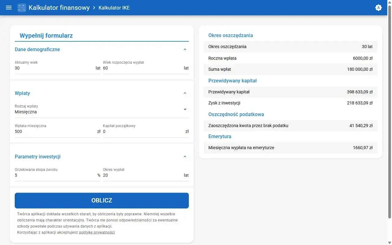 Kalkulator IKE: dane demograficzne, wpłaty, parametry inwestycji, okres oszczędzania, przewidywany kapitał, oszczędność podatkowa, emerytura. Rachunek oszczędnościowy.