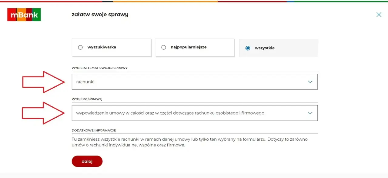 Formularz mBanku: wybierz