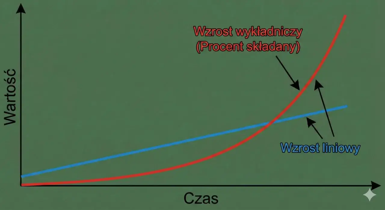 Wykres porównuje wzrost liniowy (niebieski) i wykładniczy (czerwony), pokazując, jak procent składany może przekroczyć limit liniowy.