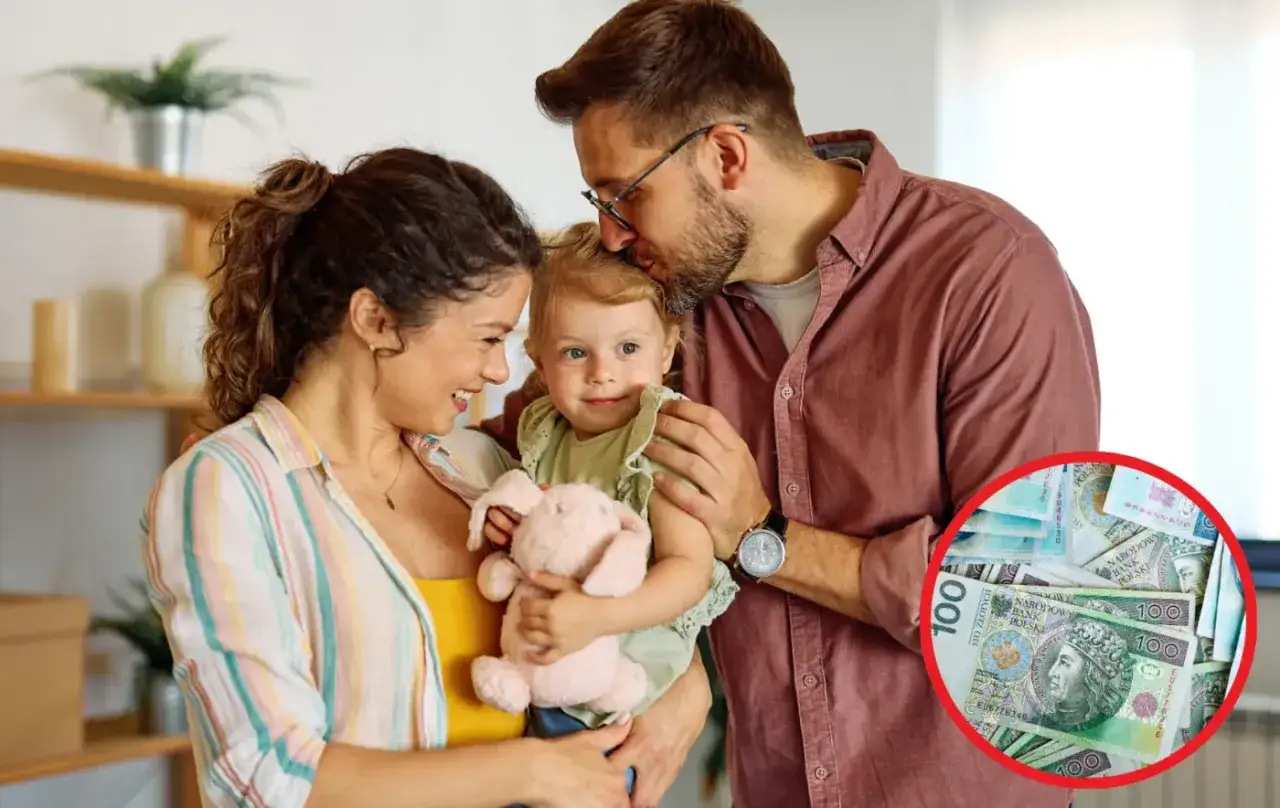 Szczęśliwa rodzina z dzieckiem, symbolizująca wsparcie finansowe. Pieniądze za urodzenie dziecka z ZUS pomagają w pierwszych latach życia malucha.