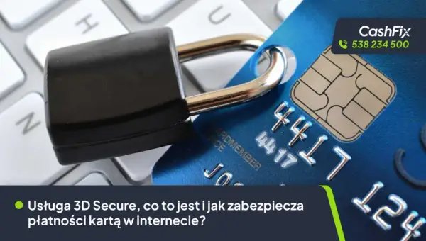 Kłódka zabezpiecza kartę płatniczą na klawiaturze, symbolizując bezpieczeństwo transakcji online dzięki usłudze 3D Secure.