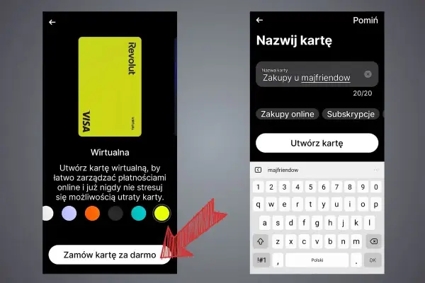 Tworzenie wirtualnej karty Revolut do zakupów online. Nazwa karty "Zakupy u majfriendow" ułatwi księgowanie.